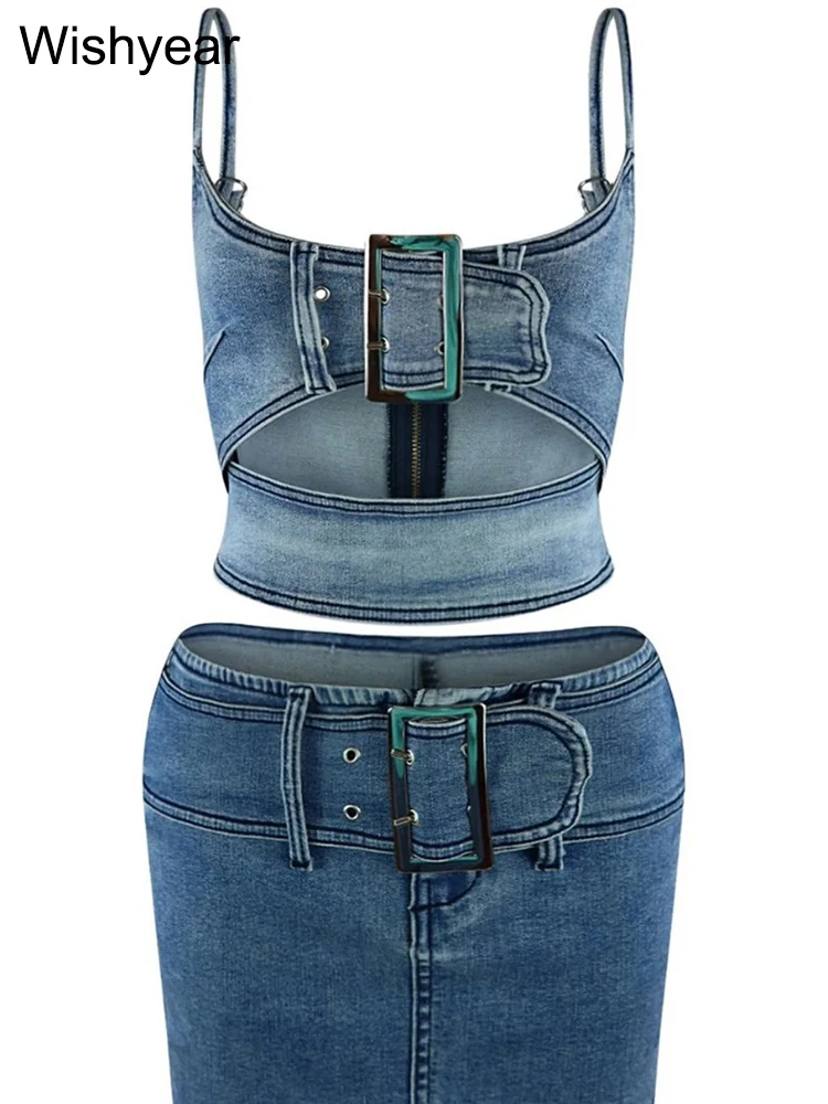 Sexy Stretch Denim Two Piece Set Women Sexy Buckle Spaghetti Straps Hollow Out Camisole Crop Tops Bodycon Mini Skirts Jeans Suit