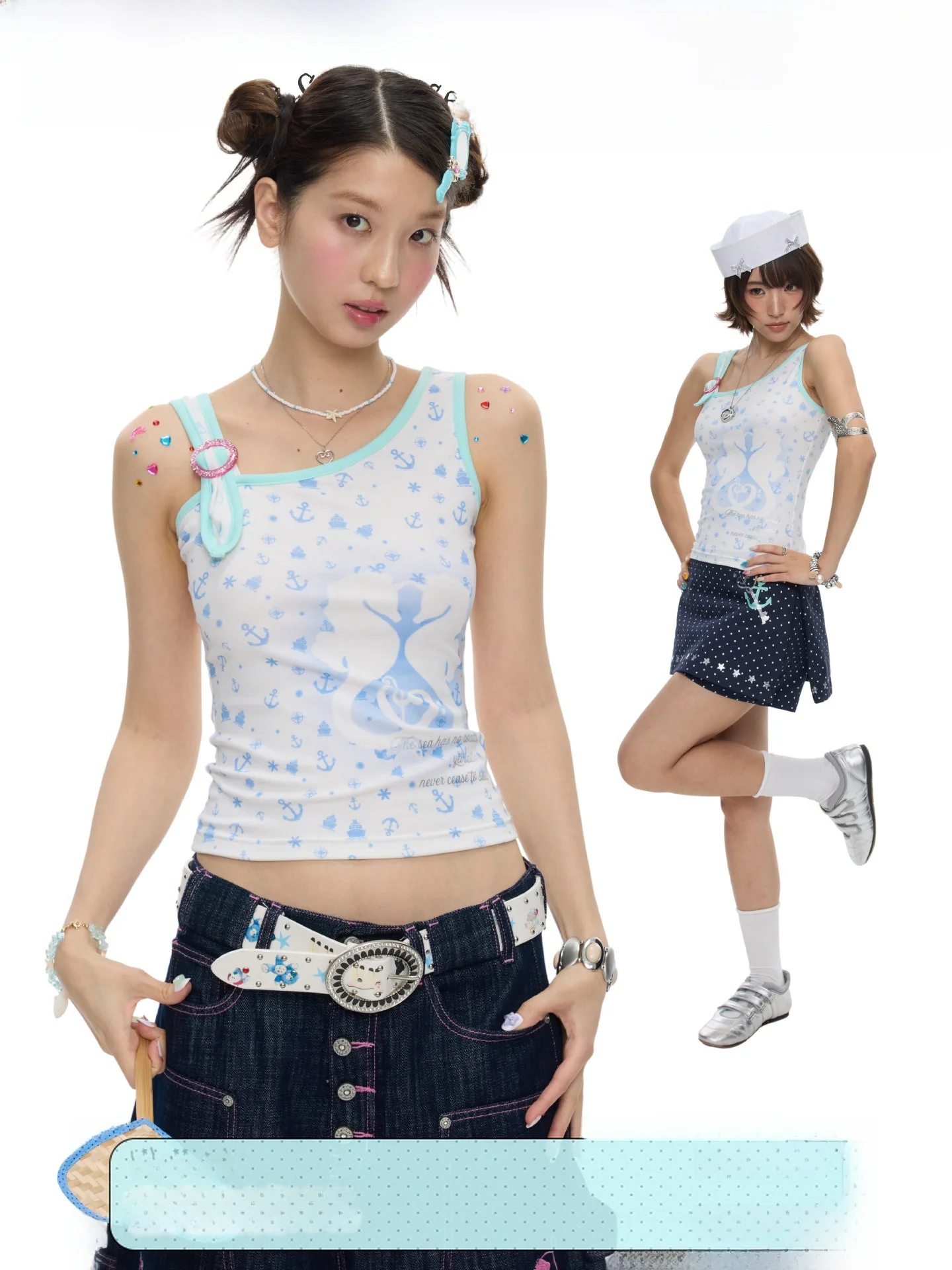 Mint Green Dream Core Hippocampus Vintage Style Vest Ring Buckle Backless Women's Summer Fashion round Neckline Regular Fit