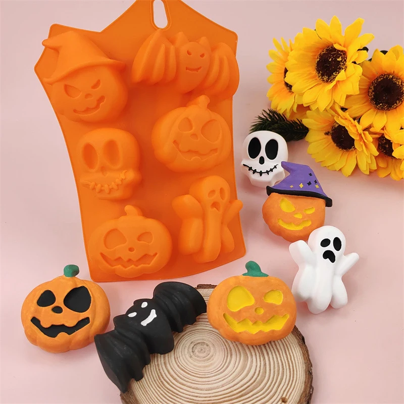 Moldes de silicone antiaderentes para halloween, molde de abóbora, caveira, morcego, forma fantasma, chocolate, doces, bolo, pudim, biscoitos, cupcakes