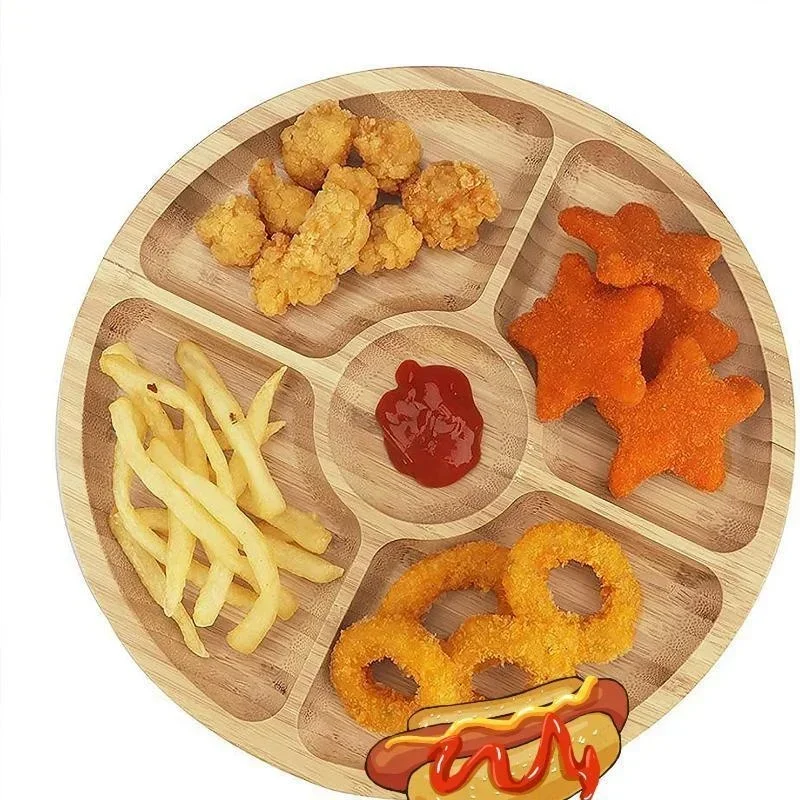 

Bamboo Fruit Baske Wooden Thickened Snack Breakfast Rack with Multiple Compartments Circular Dessert Snack Tray