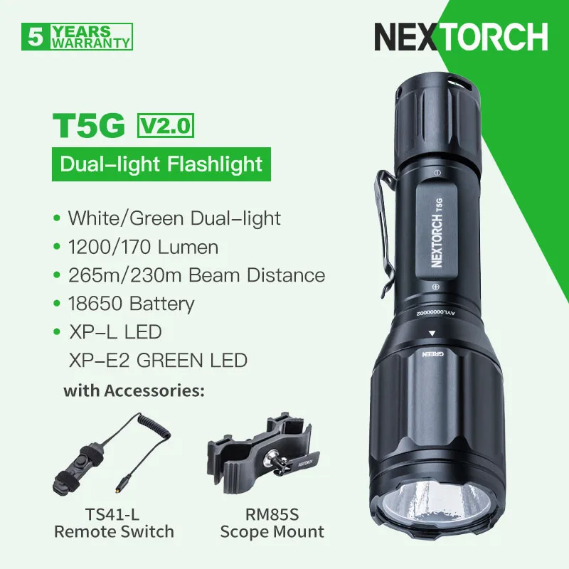 Nextorch T5G V2.0 Dual-light Flashlight,White/Green Lights, 1200 Lumens 18650 Battery, Remote Switch & Scope Mount, for Hunting