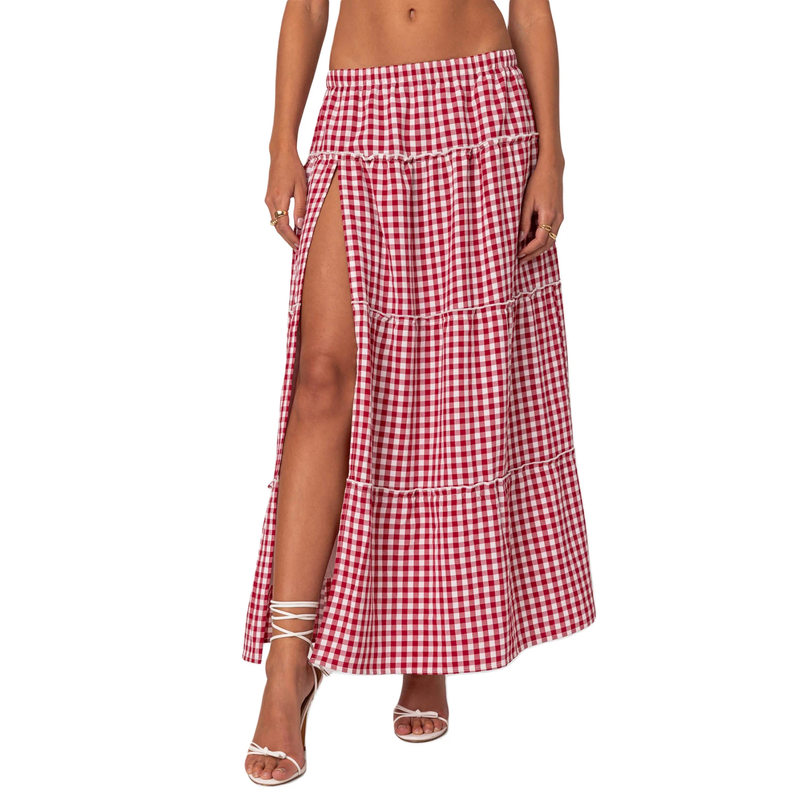 

Summer Women Summer A-Line Skirt Casual Plaid Print High Split Elastic Waist Skirt for Beach Vacation Club Streetwear