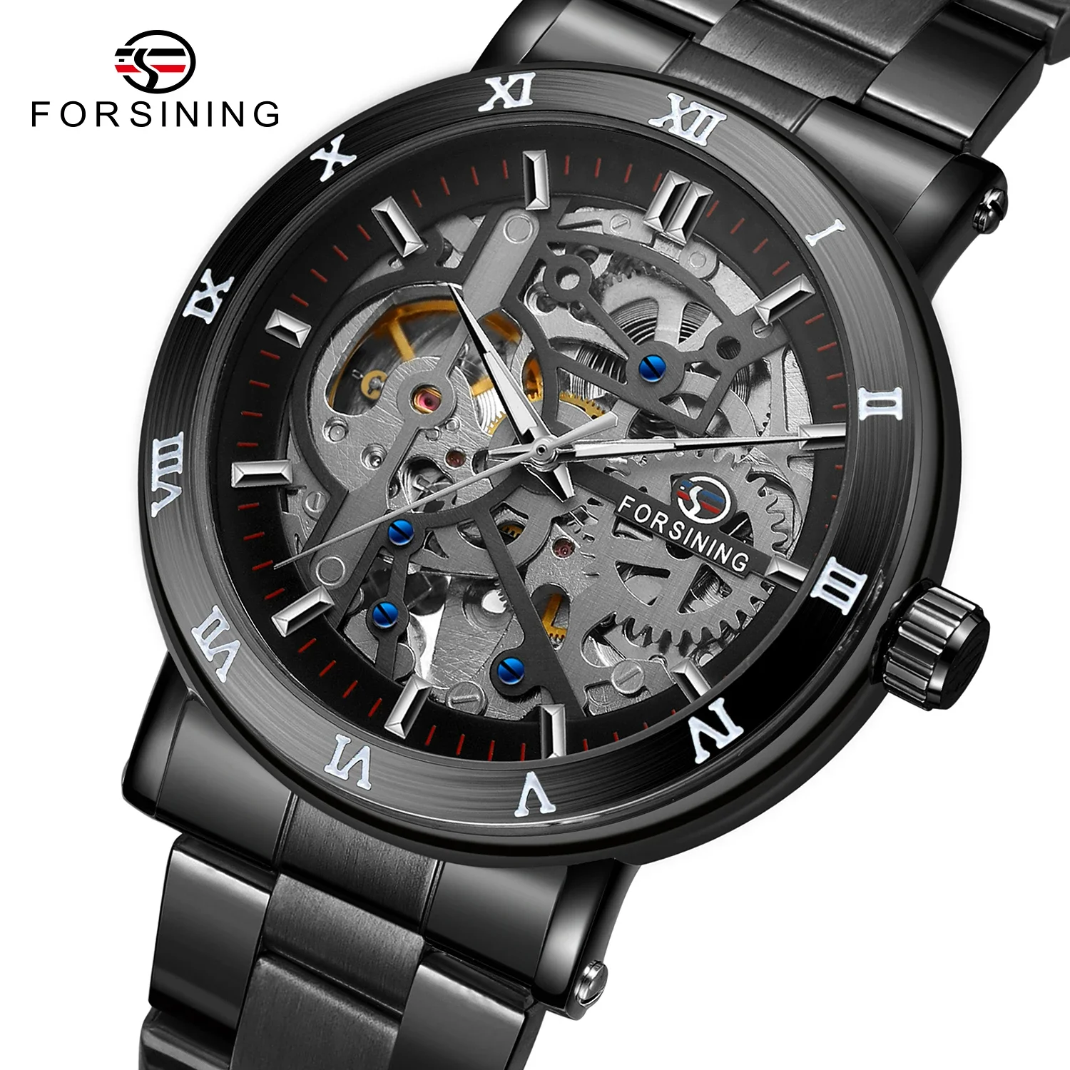 Forsining Men's Automatic Mechanical Watches With Staniless Steel Strap Sport Waterproof Men WristWatch Male Multifunction Clock