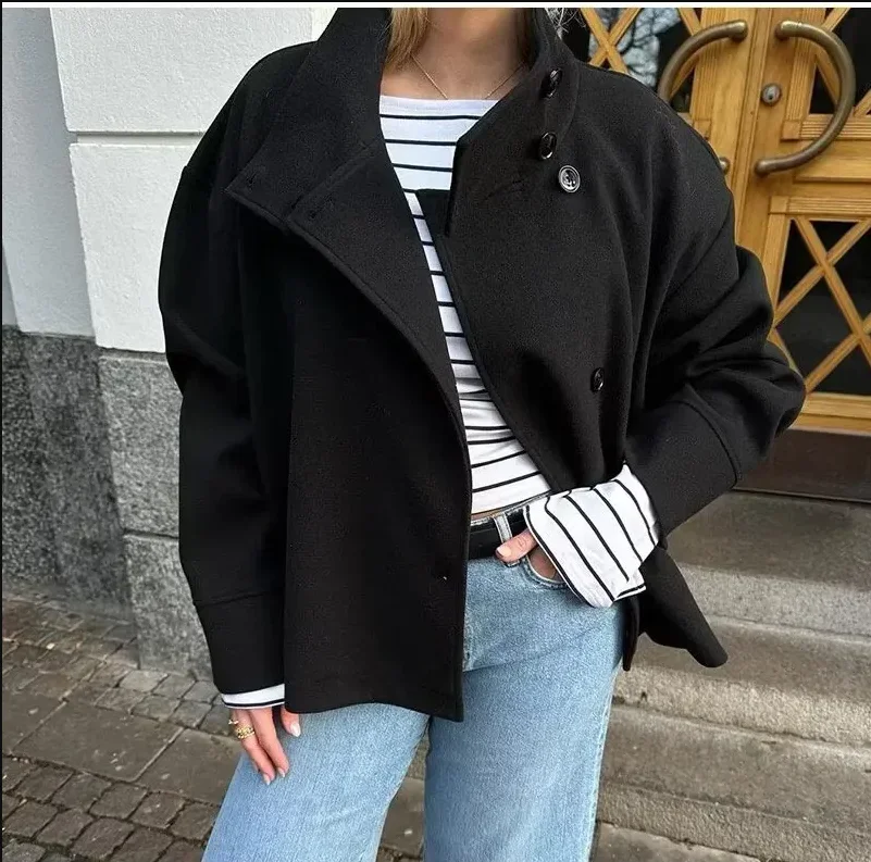 

Loose Solid Women Stand Collar Woolen Coats Elegant Long Sleeve Single Breasted Female Short Coat Blend Autumn Lady Outwear