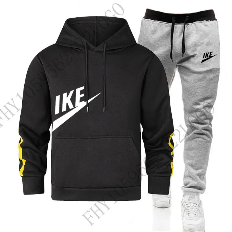 New men's fashion autumn and winter hooded hoodie outdoor leisure loose sports fitness jogging jacket + trousers 2 sets