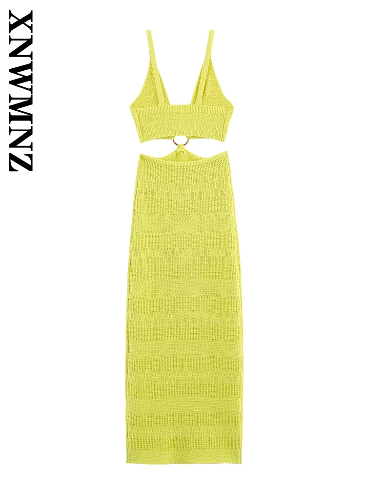 XNWMNZ 2025 verano señora Simple delgada correa de hombro sin espalda de punto vestidos midi club Chic mujer verde hombro vestido de moda