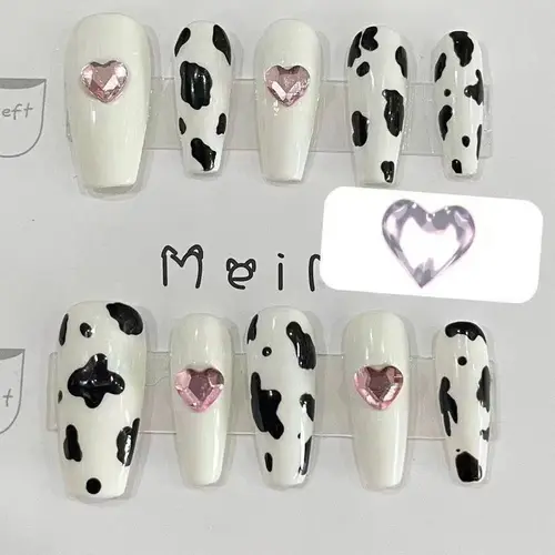Imagen 2 del producto Presione en las uñas hecha a mano patrón de vaca blanco y negro diamante de amor tridimensional parche de uña falsa simple extraíble y reutilizable