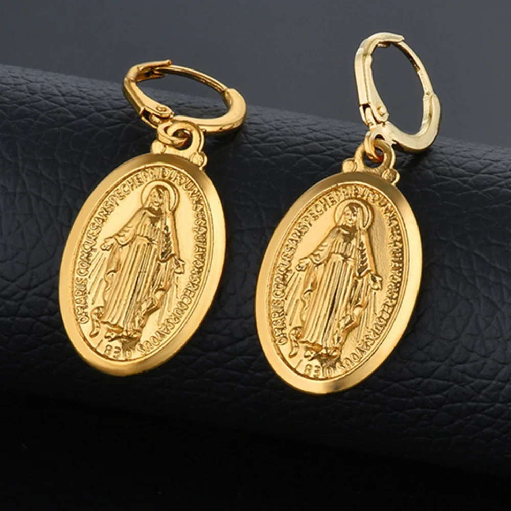 Catholic Gift Gold Color Madonna Medal/Crucifix Cross/Virgin Mary/Rosary Drop Earrings for Women Dropshipping