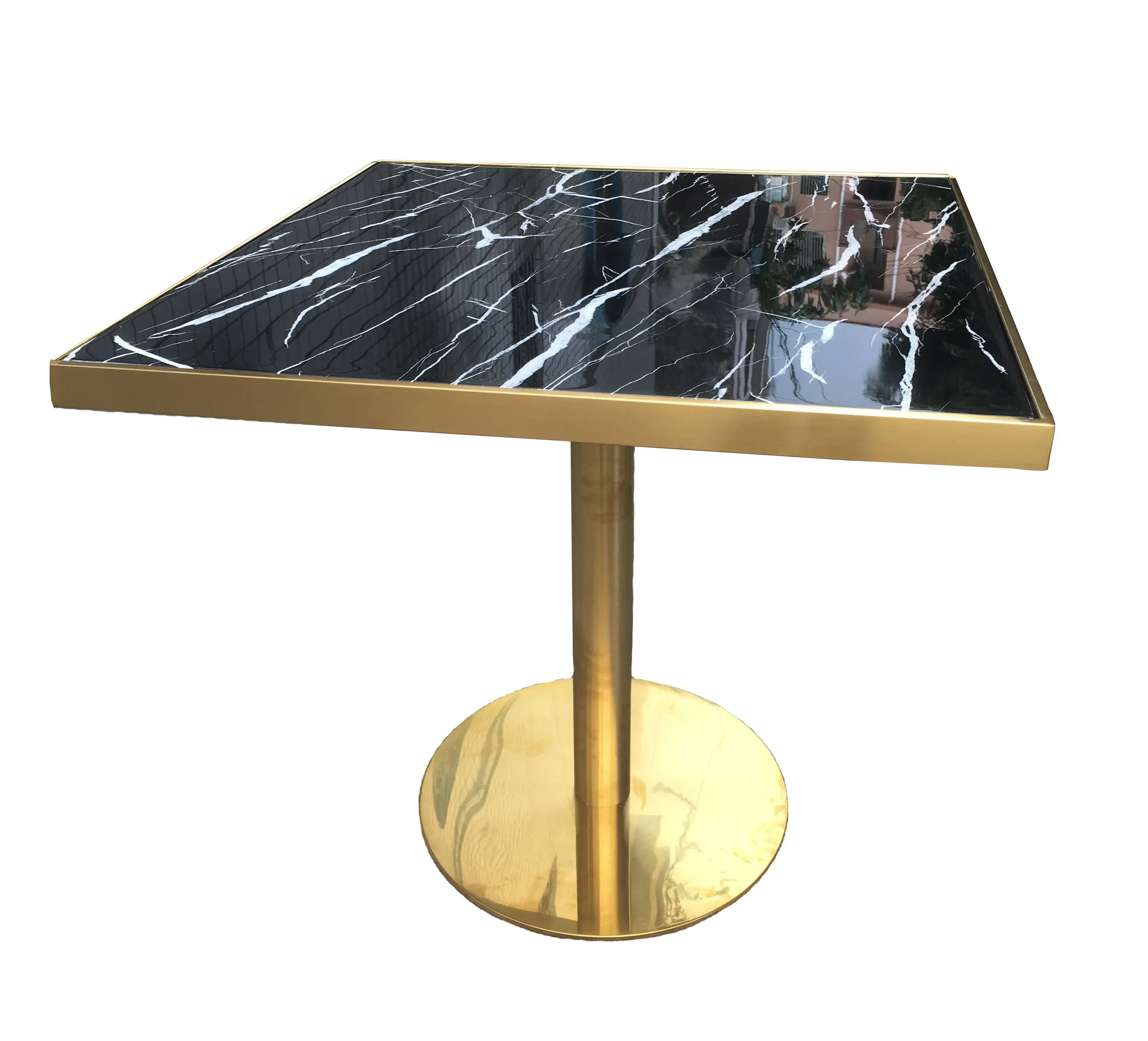 

-Popular Design Brass Shinny Gold Stainless Steel Base Black Marble Top Restaurant Bistro Square Dining Table Furniture