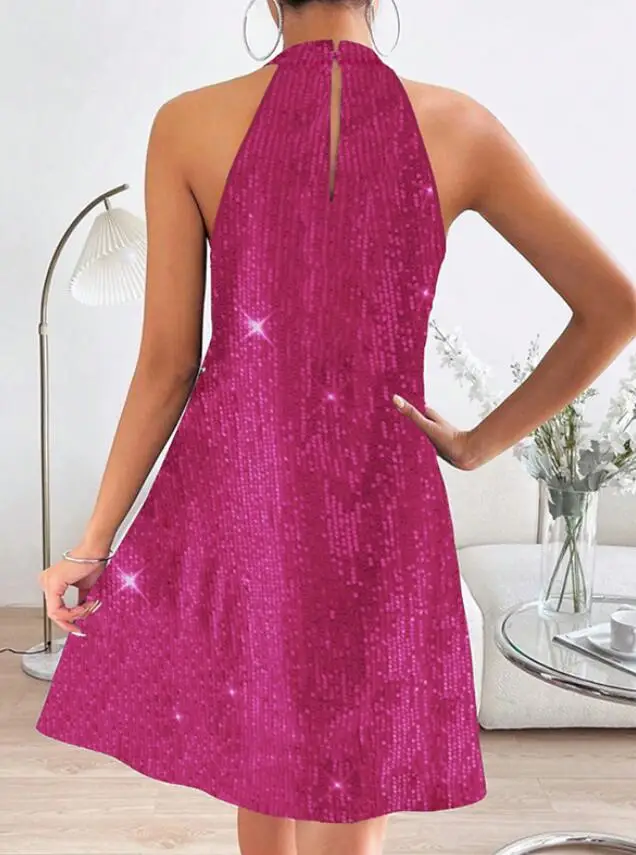 New Fashion Solid Color Sexy Hanging Neck Off Shoulder Sleeveless Sequin Dress For Women,2 Colors