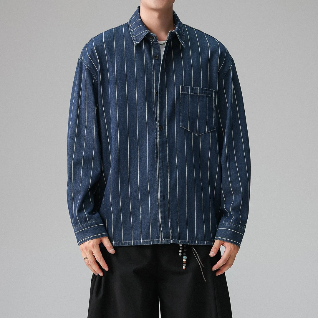 Mens Denim Shirt American Vintage Striped Long Sleeve Loose Collar Casual Jacket High Quality Trendy Spring Autumn Streetwear