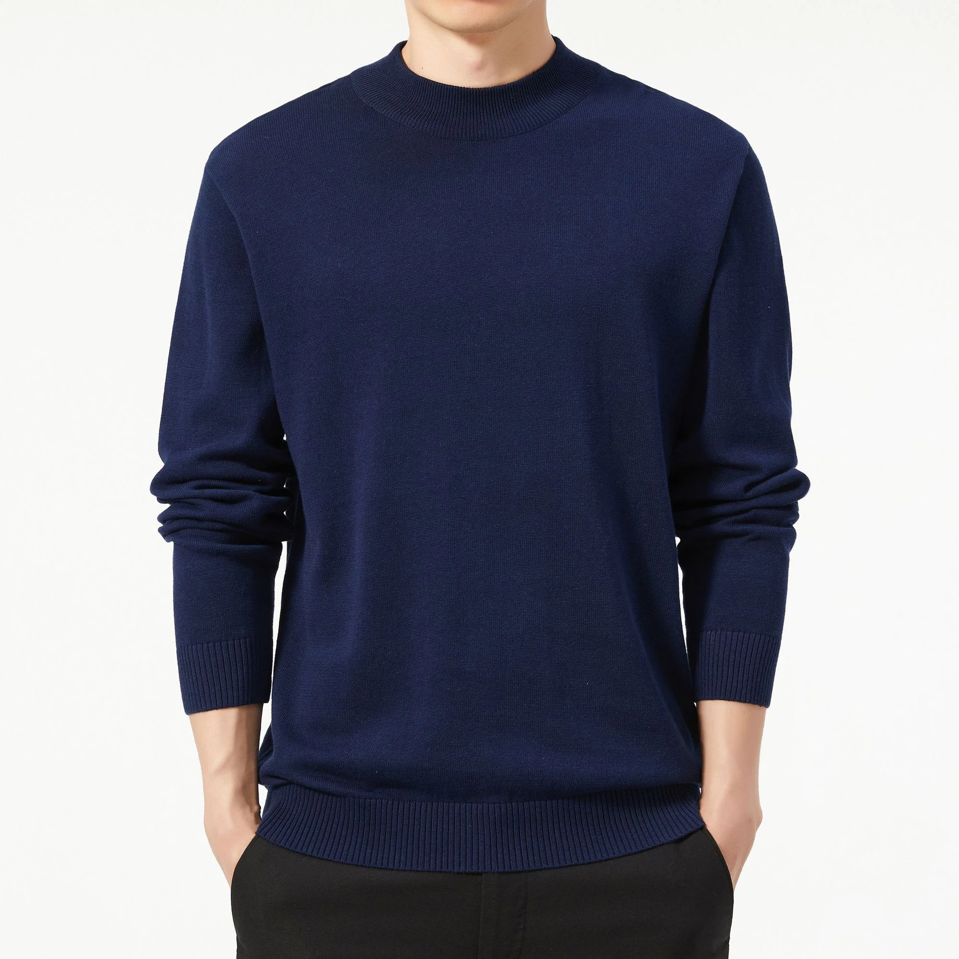 

Мужской вязаный свитер из чистого хлопка Long Sve f High Ne, осень-зима, Thiened, повседневная прямая посадка, базовый цвет Blo