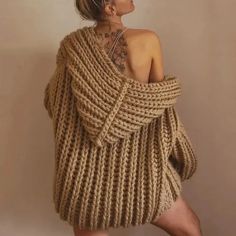 

Hooded Knitted Cardigans Sweaters Women Winter Pure Color Loose Coarse Pattern Sweater Vest