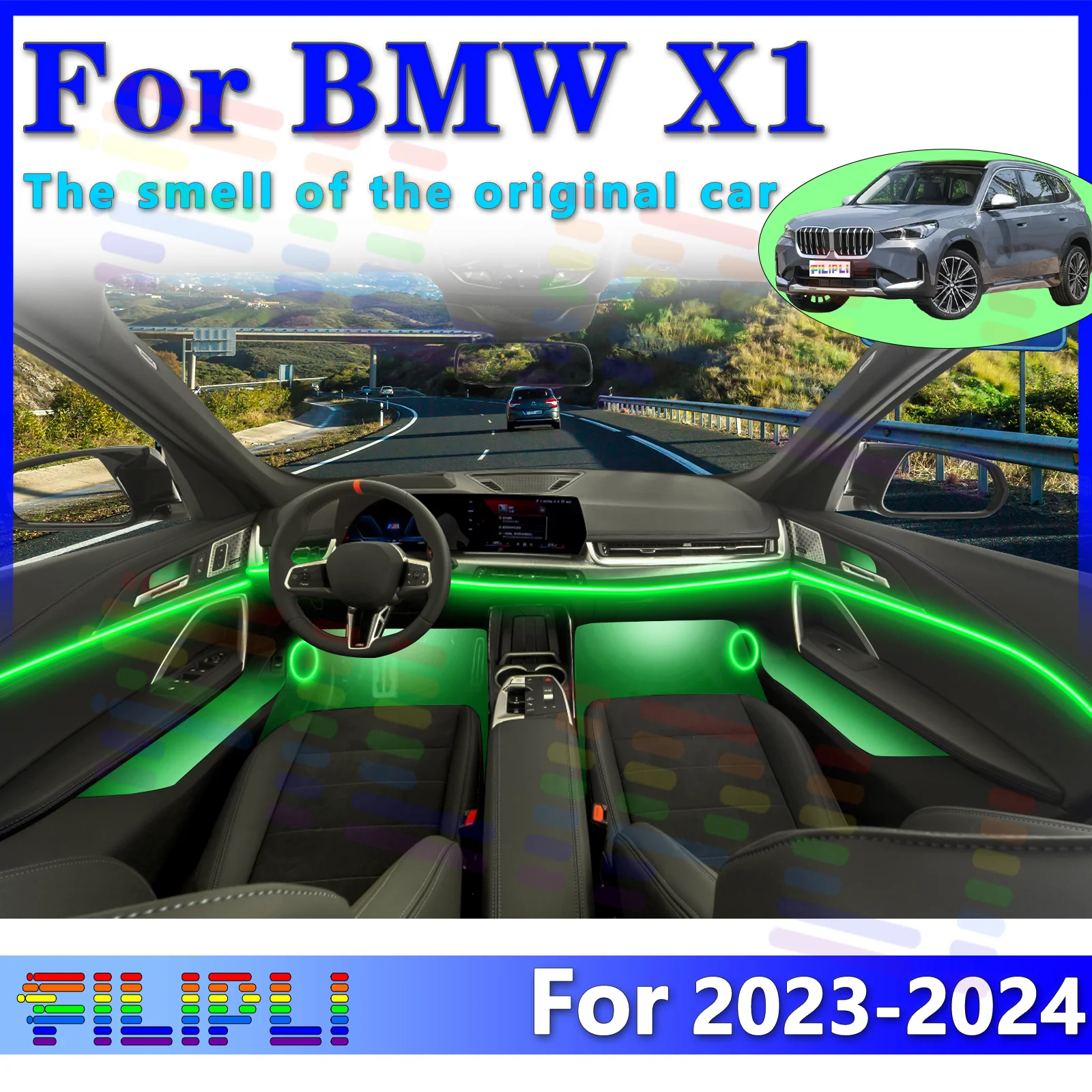 

FILIPLI для BMW X1 U11, внутренняя светодиодная декоративная осветительная полоса, акриловая, 64 цвета, приложение, управляемая для любителей вождения эмоций