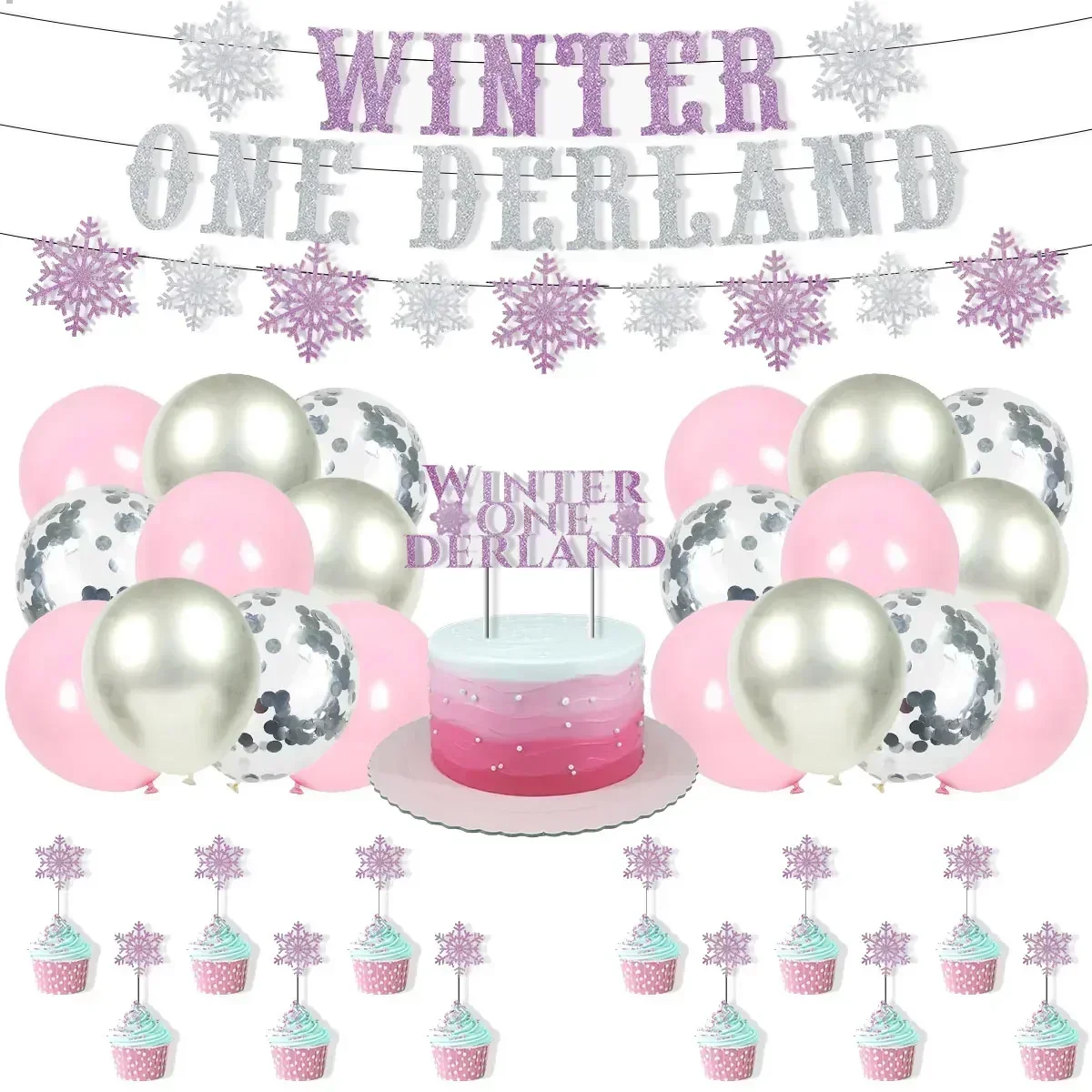 

Winter Onederland 1st Birthday Decorations for Girl Pink Purple Wonderland Frozen Party Supplies Snowflake Cake Topper Balloons