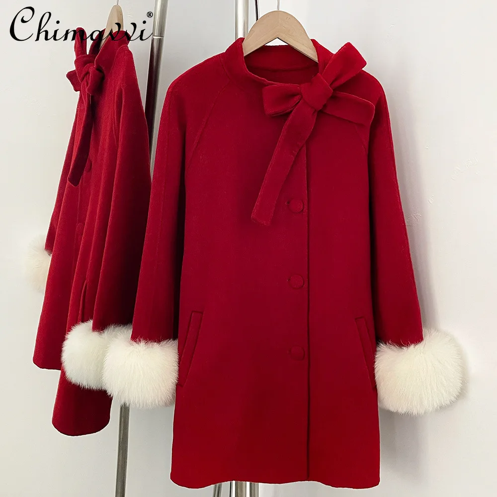 

Французское элегантное модное светское шерстяное пальто с бантом из лисьего меха, однобортное однобортное универсальное шерстяное длинное пальто с длинными рукавами для женщин