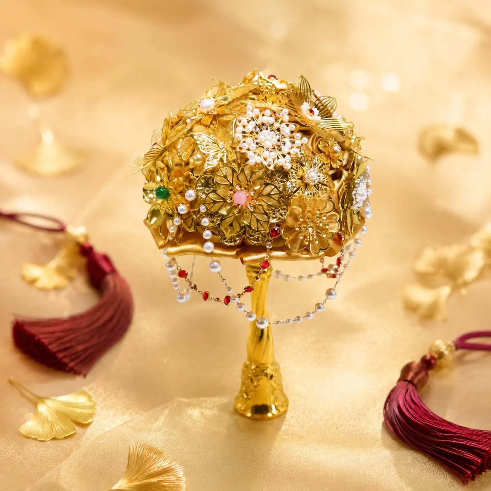 Chinese Theme Bridal Floral Arrangement Ornate Design Gold Bridal Floral Arrangement Formal Accessory Handmade Luxury for Brides