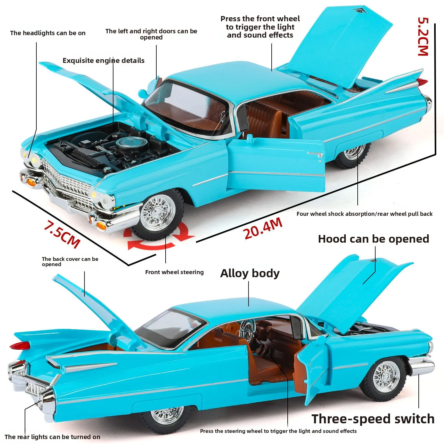 1:24 Big Rocket Eldorado Retro Car Model Simulation With Sound Light Alloy Metal Car Model Toy Collection Gift