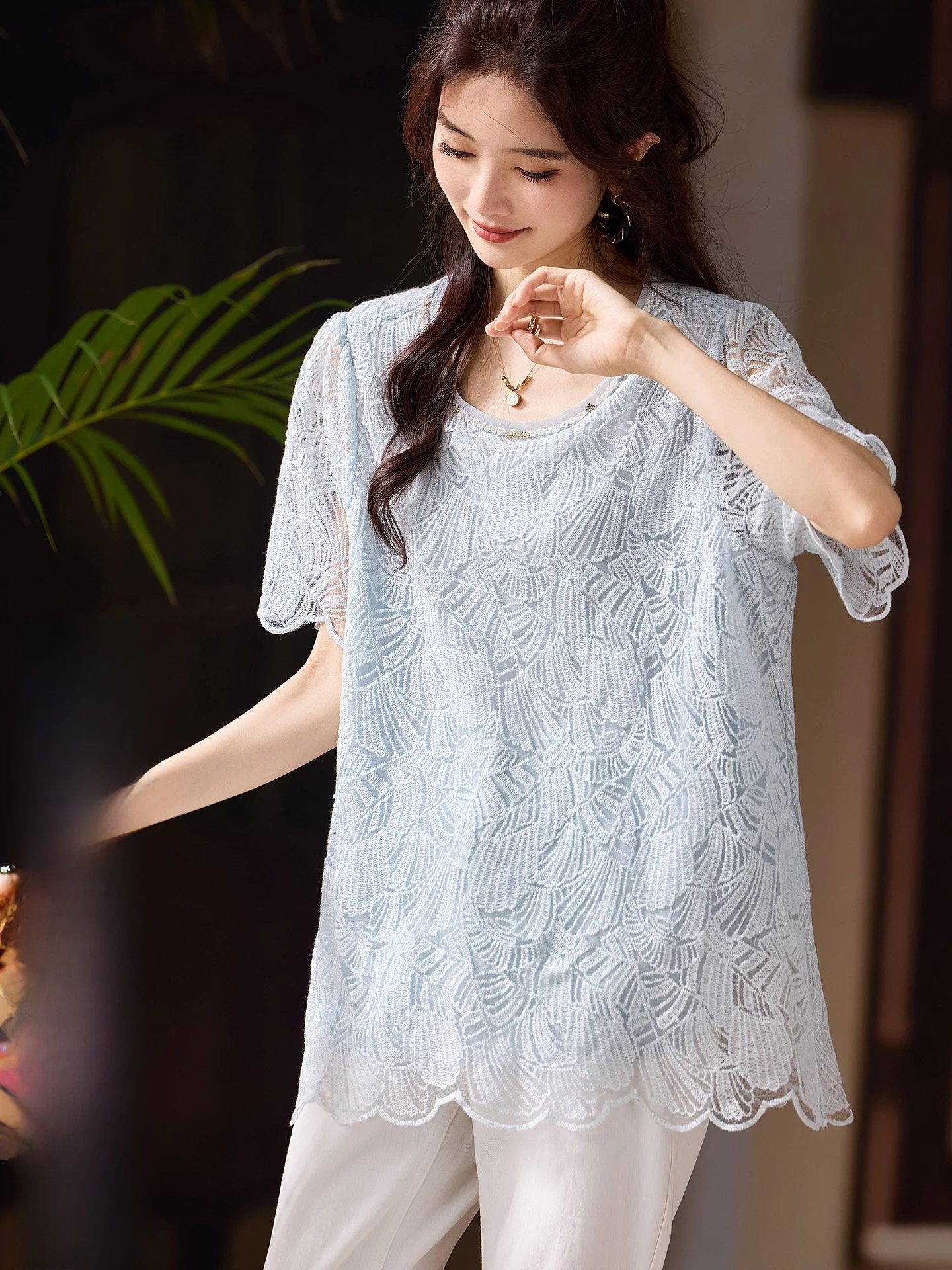 

Loose Lace Short Sleeve T-Shirt Women's Summer New Style Street Fashion Big Size Top Breathable Comfortable Polyester Material