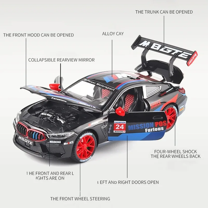 1:24 BMW M8 GTE voiture de course en alliage moulé sous pression modèle son lumière retirer jouet modèle ordinateur ornements décoratifs enfants jouets cadeau