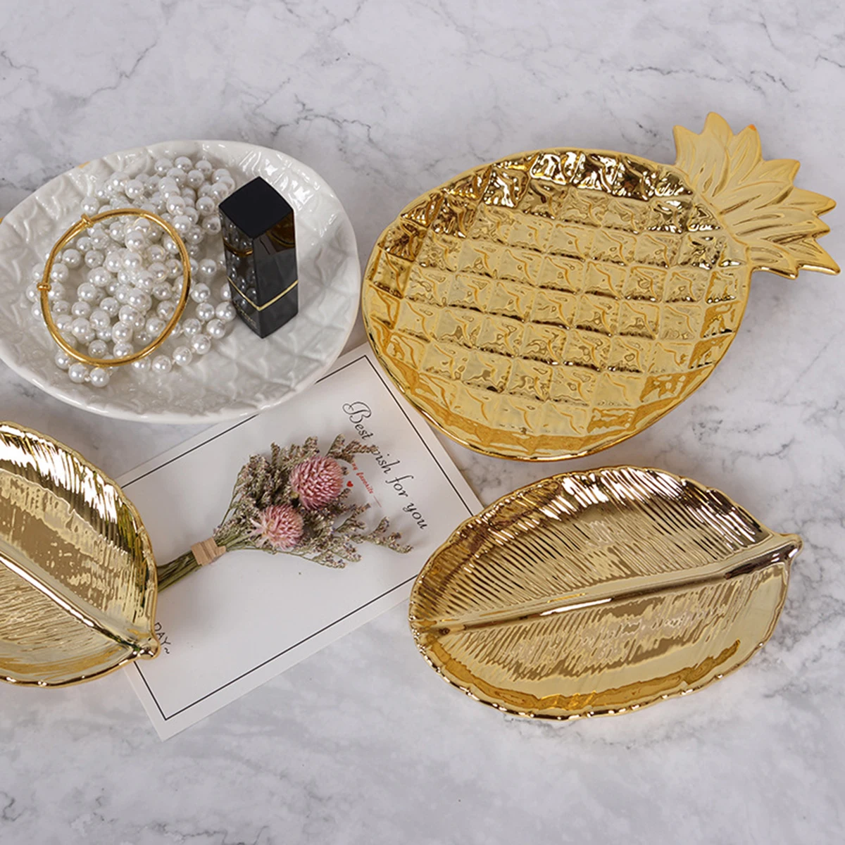 

Golden Leaf Handmade White Ceramic Jewelry Tray Organizer Decorative Storage Dish for Rings Necklaces Bracelets Desktop