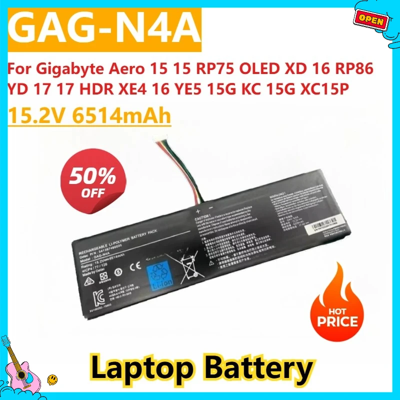 

New Laptop Battery 15.2V 6514mAh GAG-N4A For Gigabyte Aero 15 15 RP75 OLED XD 16 RP86 YD 17 17 HDR XE4 16 YE5 15G KC 15G XC15P