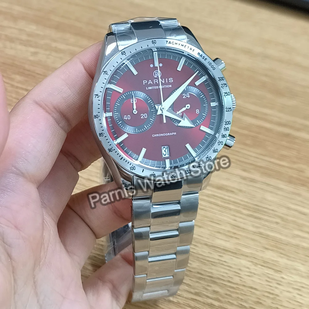 Parnis 40mm Red Dial Silver Bezel Quartz Chronograph Men\'s Watch Stainless Steel Strap Men Waterproof Sports Watches Gift Clock