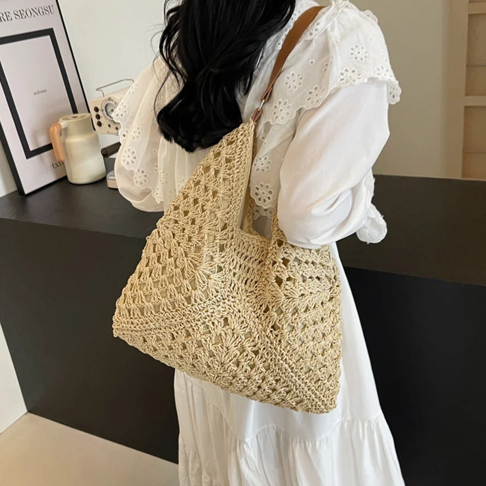 

Summer Straw Bag Hollow Out Beach Shoulder Bag Large Vacation Bag Solid Color Holiday Travel Handbag Boho Shoulder Purse