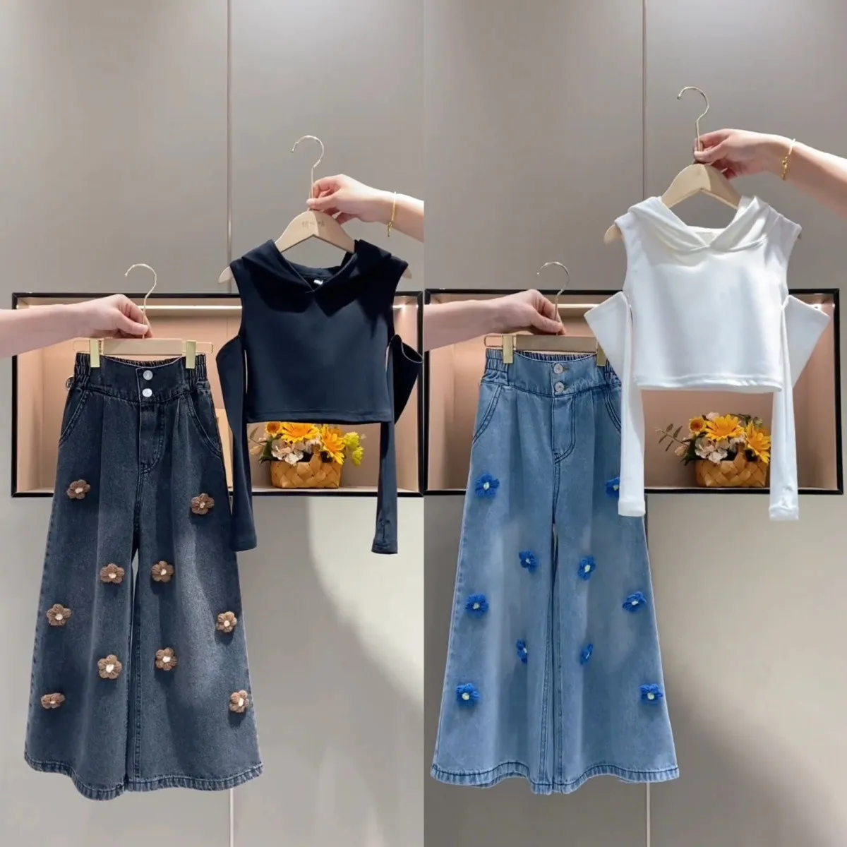 

Girls' Spring and Autumn Set 2026 New Style Children's Stylish Hoodie+Jeans Wide Leg Pants Two Piece Set