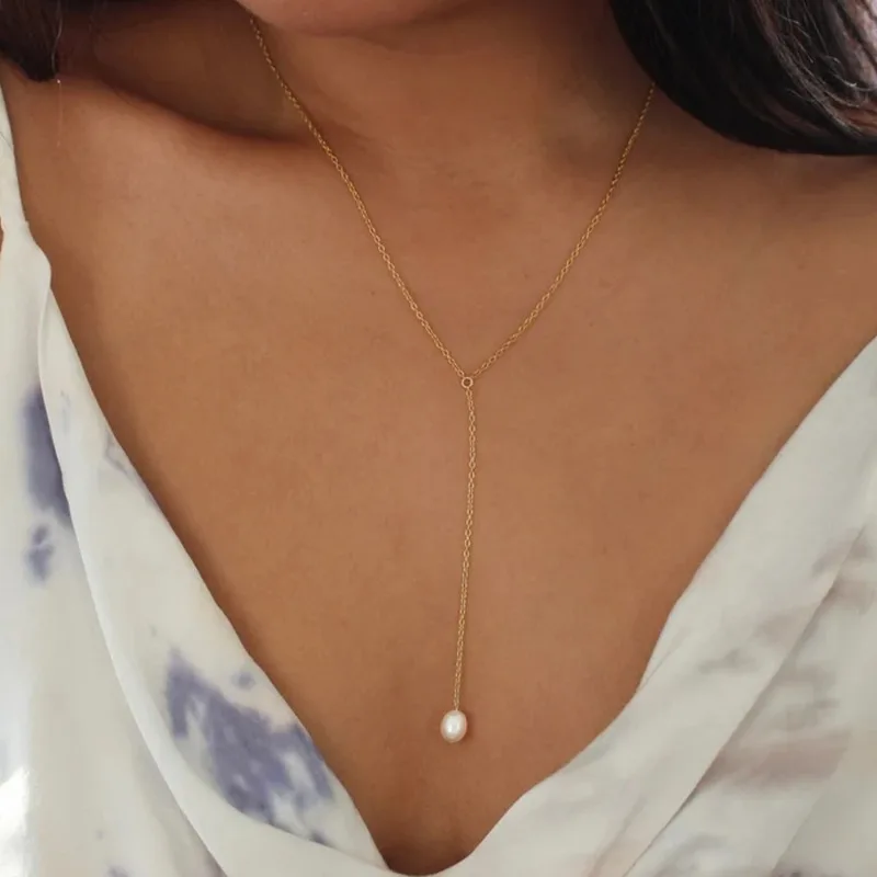 Minar Korean Style Y Shaped Single Rice Freshwater Pearl Pendant Necklace for Women 14K Real Gold Silver Plated Copper Chokers