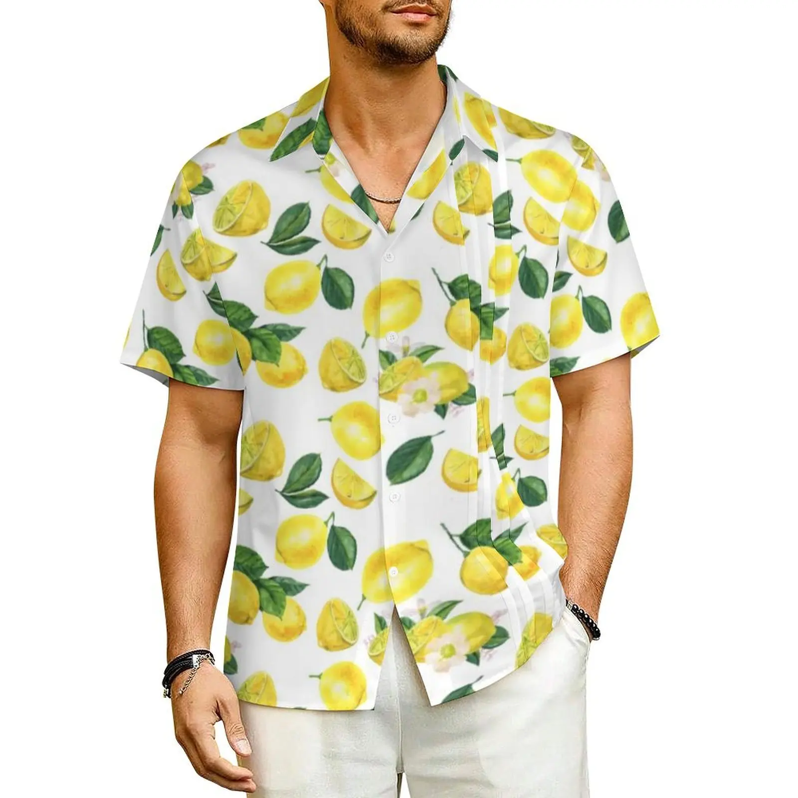 

Watercolor Fruit Pattern Vacation Shirt Mens Yellow Lemons Print Vintage Casual Shirts Hawaii Comfortable Oversized Blouses Gift