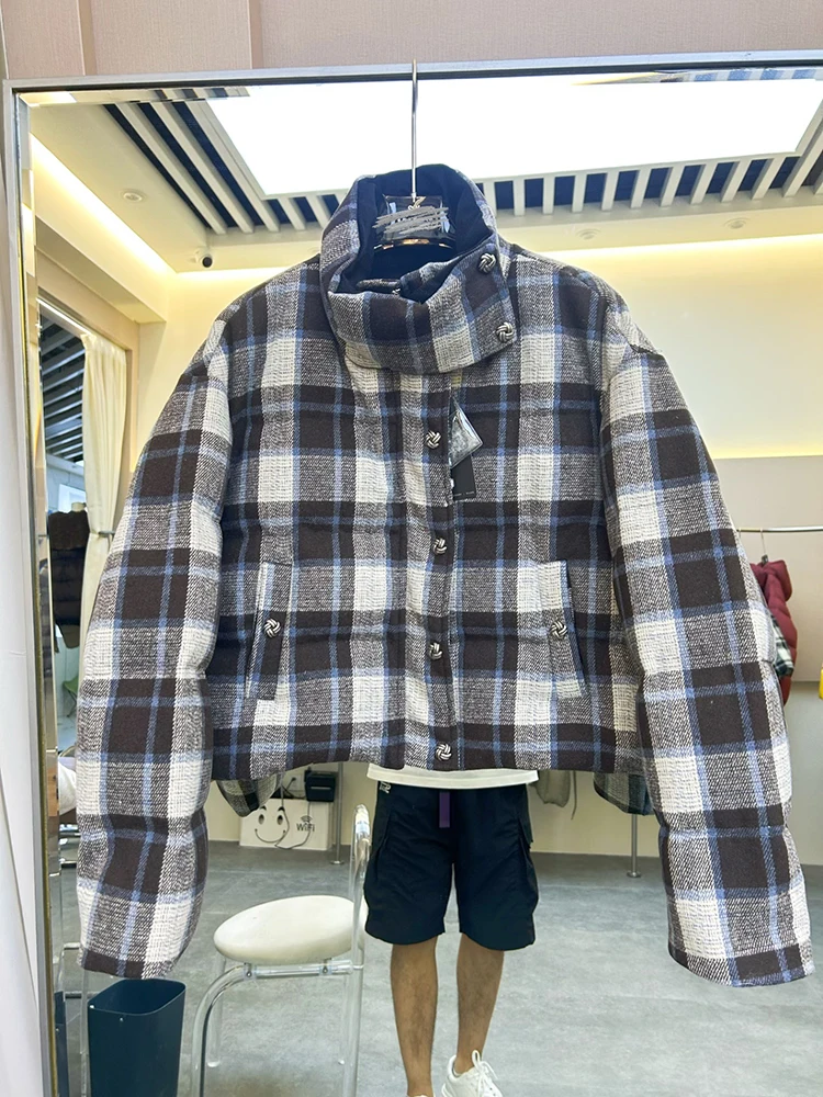 

Winter Warm Grid Short Stand Collar Down Jacket Women White Duck Down Parker Outwears Female Single Breasted Zipper Jackets