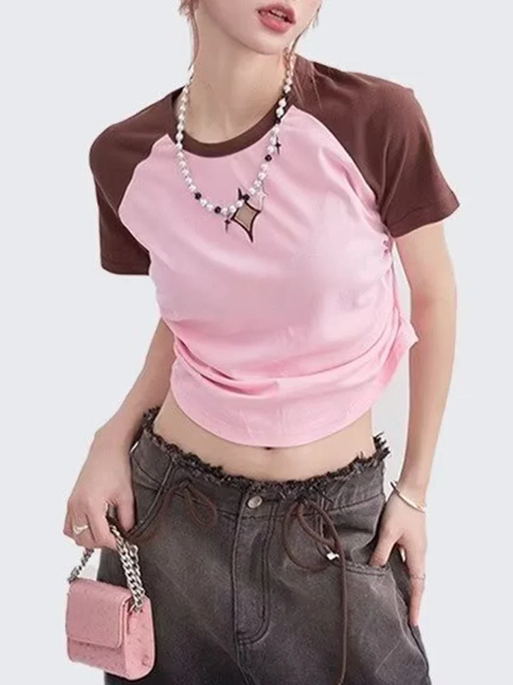 Summer Sweet Chicly Hollow Out Simple Women t-shirt Classic o-collo Fashion Contrast Color Slim Straight Street t-shirt femminili