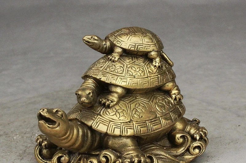 hina Fengshui Brass Money Wealth longevity Fu 3 Turtle Tortoise Animal Statue