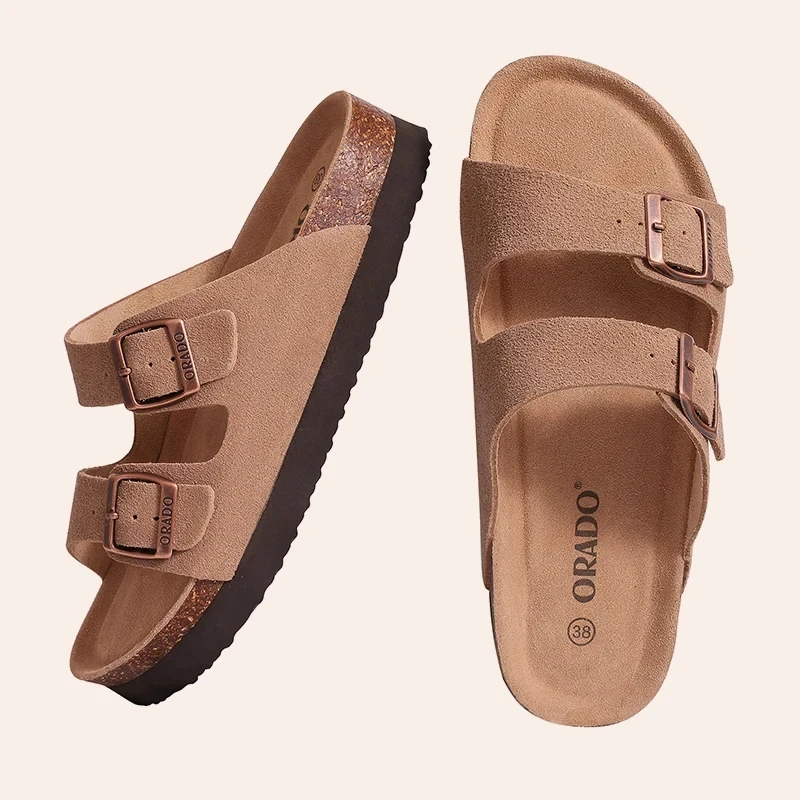 Crestar Women Classic Cork Slippers New Unisex Suede Flats Sandals With Arch Support Summer Beach Slides Adjustable Buckle Shoes