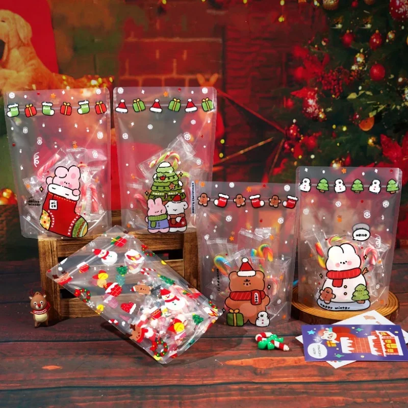 100PCS Stand-up Clear Plastic Christmas Packaging Bag DIY Logo Child Snack Candy Sugar Toys Birthday Party Gift Storage Pouches