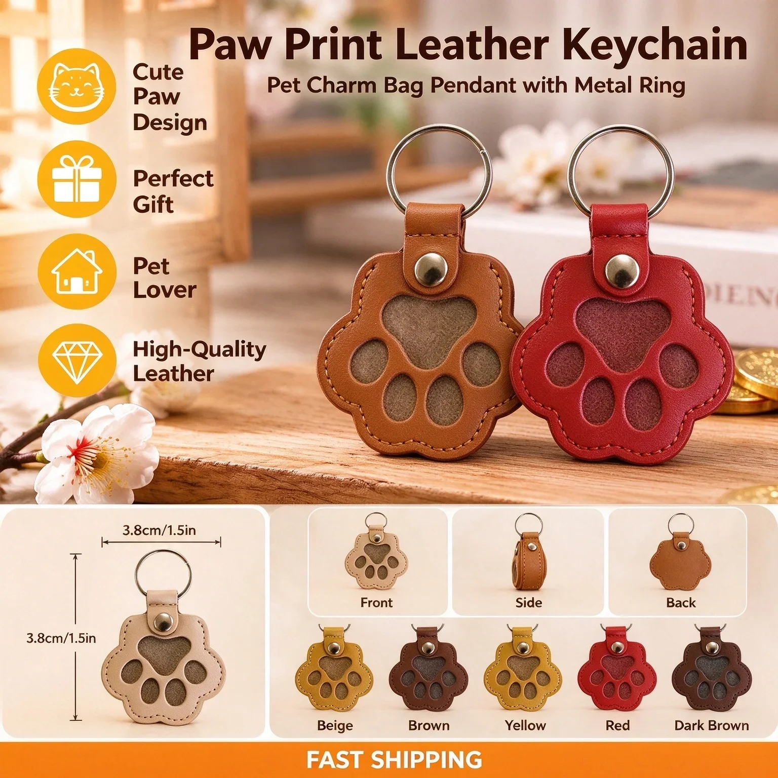Leather Keychain Pet Fur Storage Keepsake Charm Cute Delicate Bag Pendant for Cat Dog Hair Memorial Decor