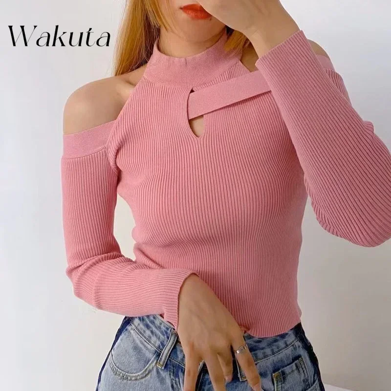 

WAKUTA Slim Hollow Out Sexy Knit Pullovers Crop Tops Ins 2024 Autumn Winter Off Shoulder Elegant Solid Color Bodycon Sweaters