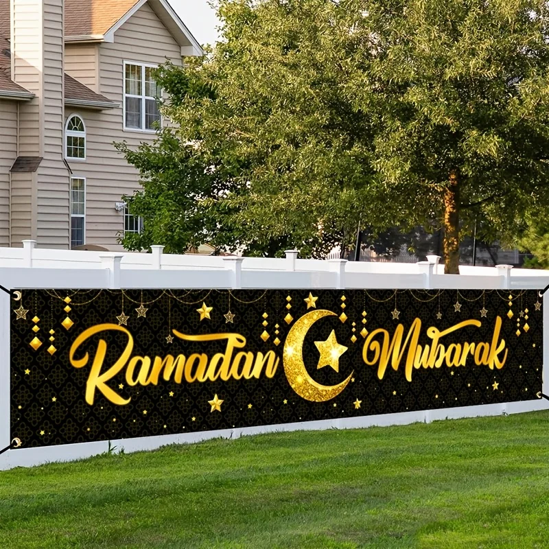 VIKAMA Gold Foil Ramadan Mubarak Banner Wall Hanging With Moon And Stars Yard Decor For Muslim Holiday Decoration Home Decor