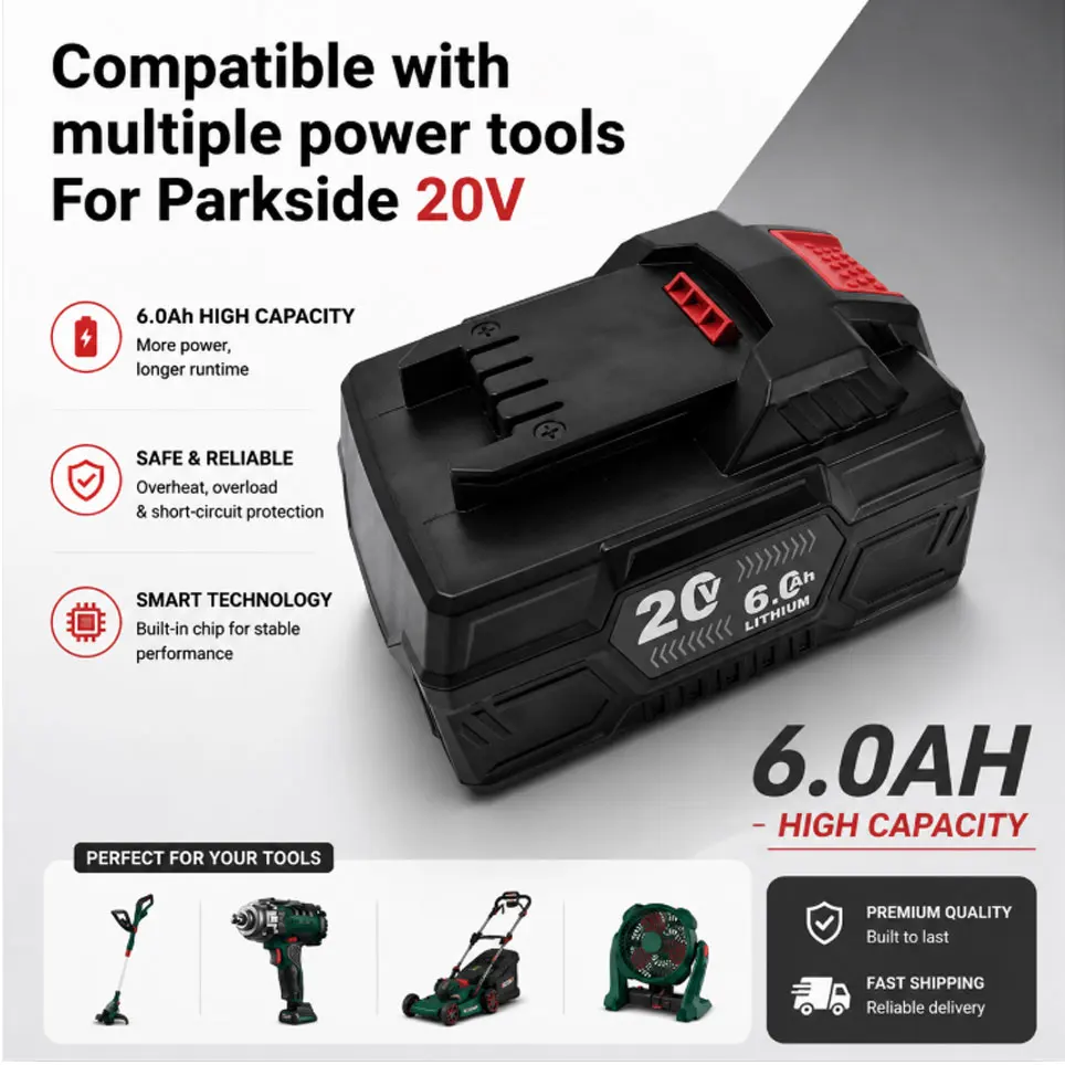 EU-Lager Ersatz-Lithium-Ionen-Akku für Parkside 20V Elektrowerkzeuge PAP B1 B3 A3 PAP208 A1 4,0Ah 6,0Ah Wiederaufladbarer Akku für Kabellose Handbohrmaschine