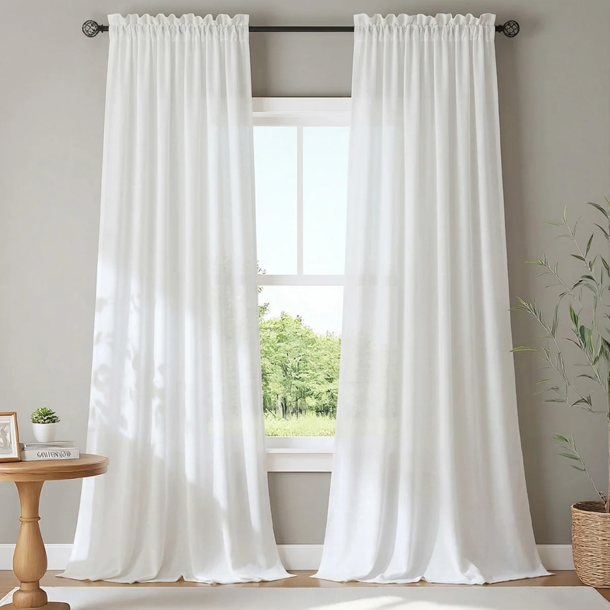 Boho Pastoraler Transparenter Vorhang Weiß mit Leinen-Optik, Stangeneinschub-Fenstervorhang, Waschbarer Dicker Polyester-Vorhang mit Natürlichem Fall