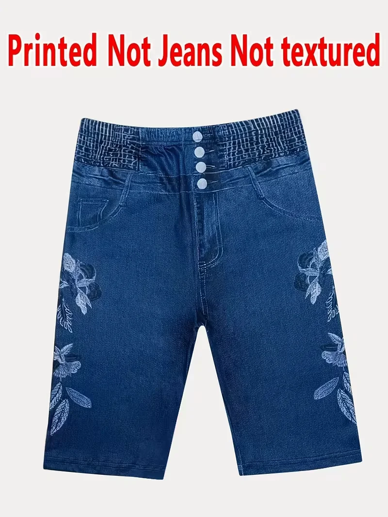 Bedruckte Leggings, Stoff ohne Denim, Caprihosen mit Faux-Taschen- und Knopf-Print, hochelastische neue Skinny-Hosen5 – Detail 4
