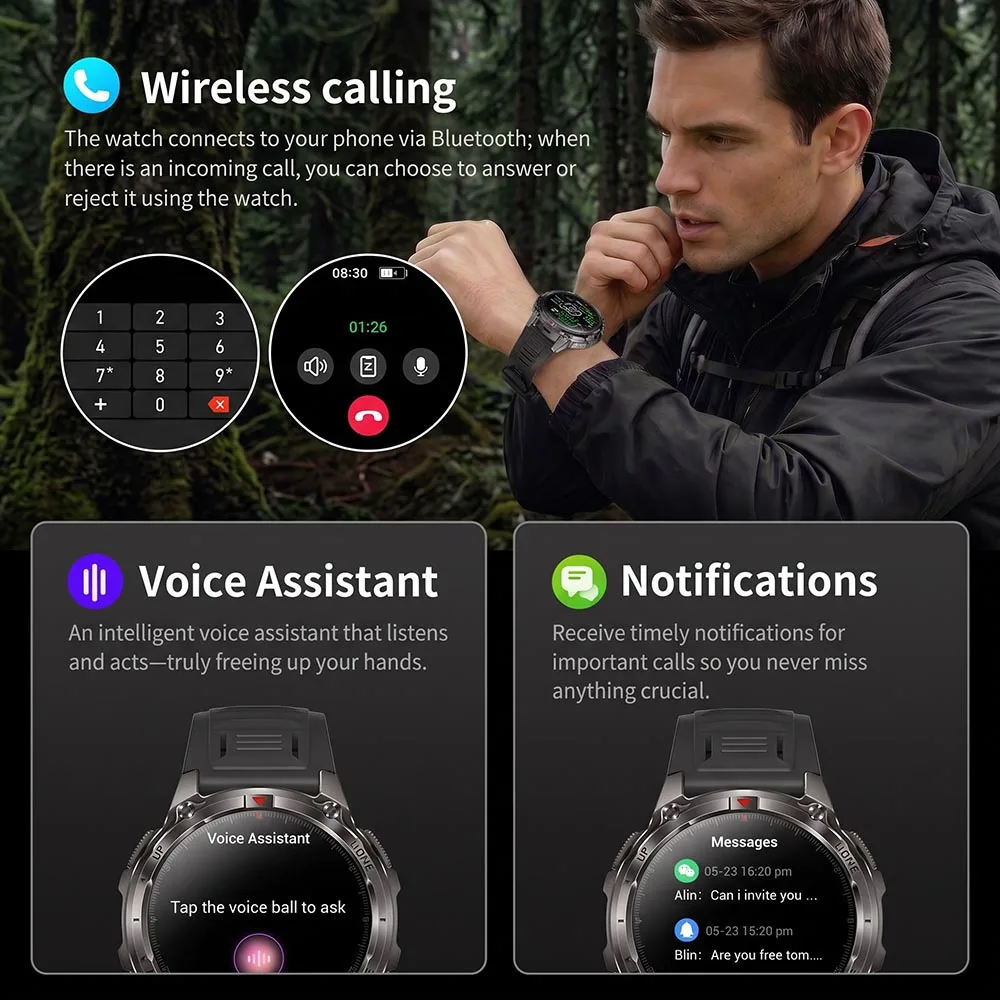 GPS Smart Watch Man Waterproof Heart Rate Health Smartwatch Outdoors Compass Flashlight Blue Tooth Call Sports Watches 680mAh