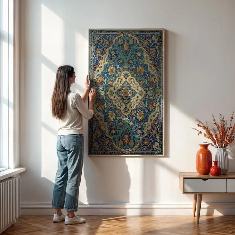 

Persian Style Tapestry Canvas Wall Art Painting, Frameless Islamic Wall Art for Boho Living Room or Spiritual Home Decortions
