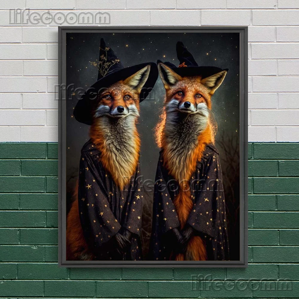Fantasy Unicorn And Spellcaster Frog Wall Art Print Fox Witchy,Cat Witch,Antique Bat,Black Raven Magic Animal Art Poster Print