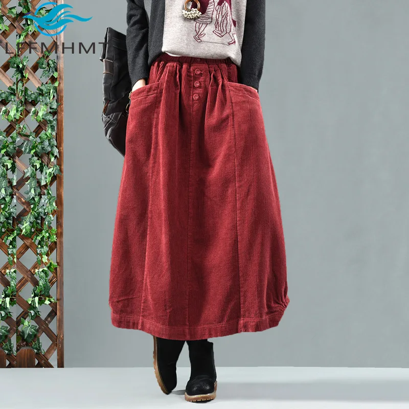 New Year Gift Good Quality Corduroy Cotton Skirt Winter Trendy Elastic Waist Big Pocket Vintage Half Length Skirt Female Clothes