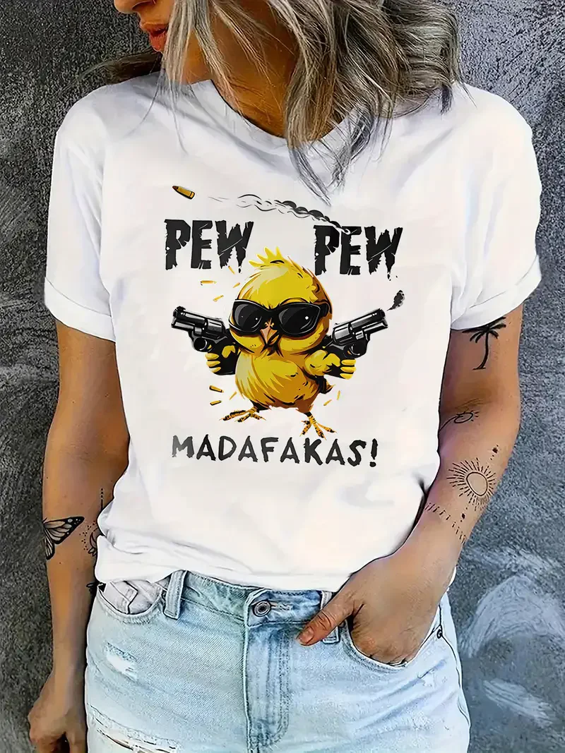 Women's Casual Graphic T-Shirt with Playful Chick PEW PEW MADAFAKAS Print Short Sleeve T Shirt Clothing Top Tee