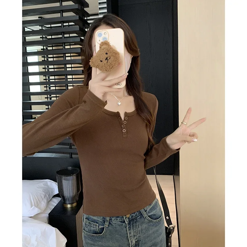Puro desejo magro apertado sexy mulheres topos outono inverno manga longa sólido inferior tshirts feminino botão em torno do pescoço fino ajuste t