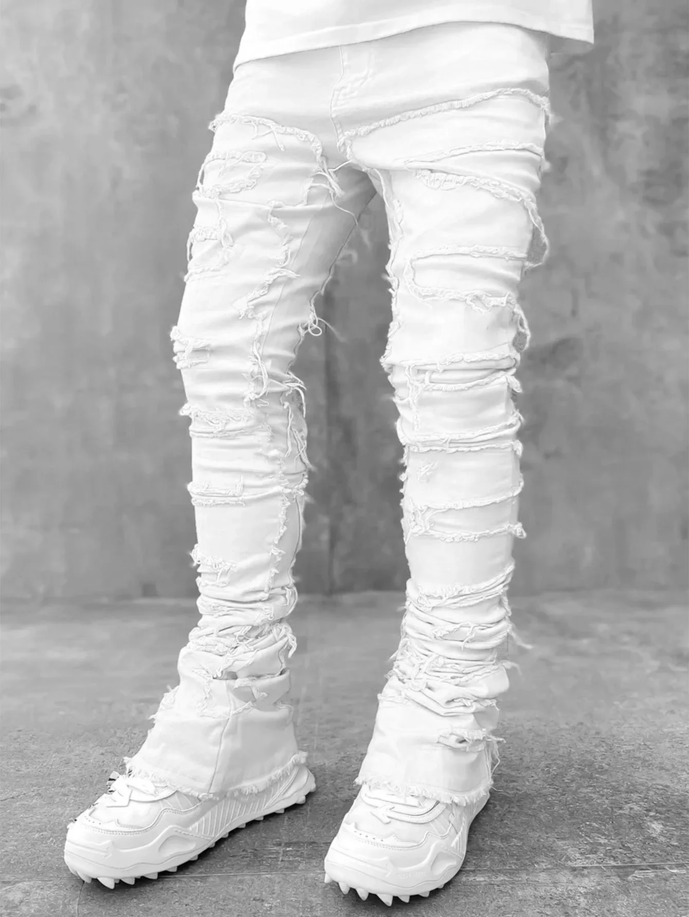 

Man Stacked Jeans Elastic Waist Straight Fit Patchworks Denim Long Pants Fringe Ripped Jeans For Men