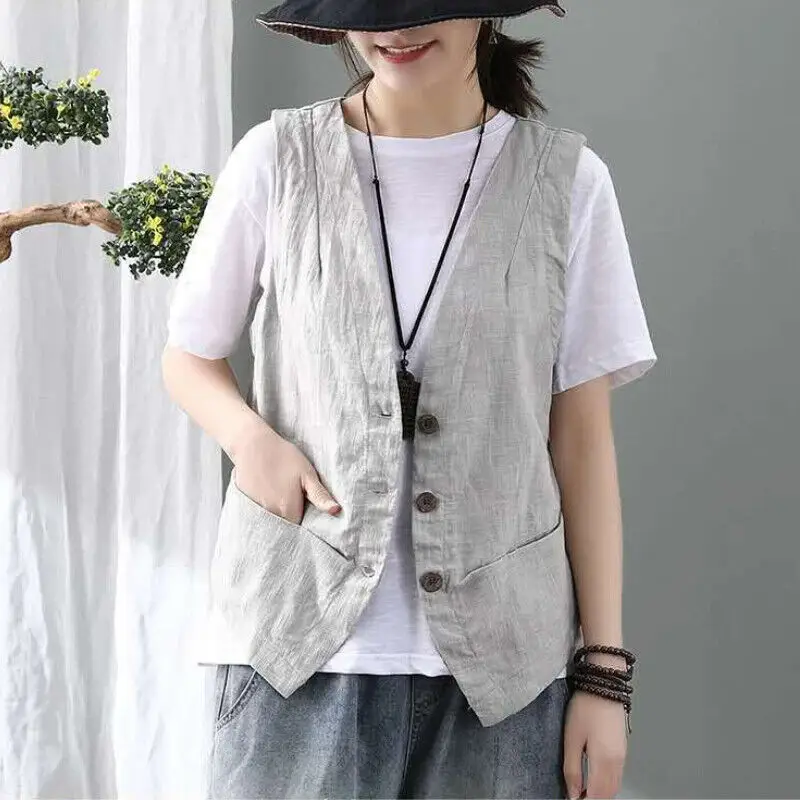 Summer Autumn Spring Retro Art Cotton and Linen Chinese Pure Color Casual Sleeveless Cardigan Women's Vest